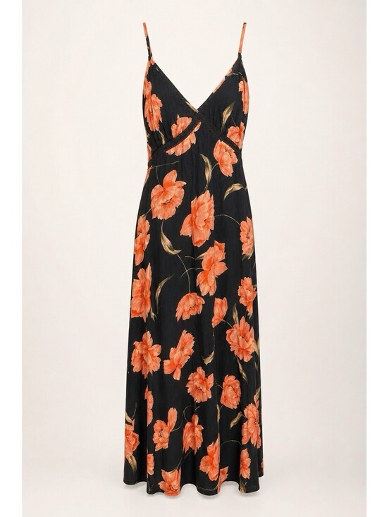 Patrons of Peace Dresses & Skirts - Patrons of Peace Black Orange Floral Maxi Dress Spaghetti Strap M Casual Boho